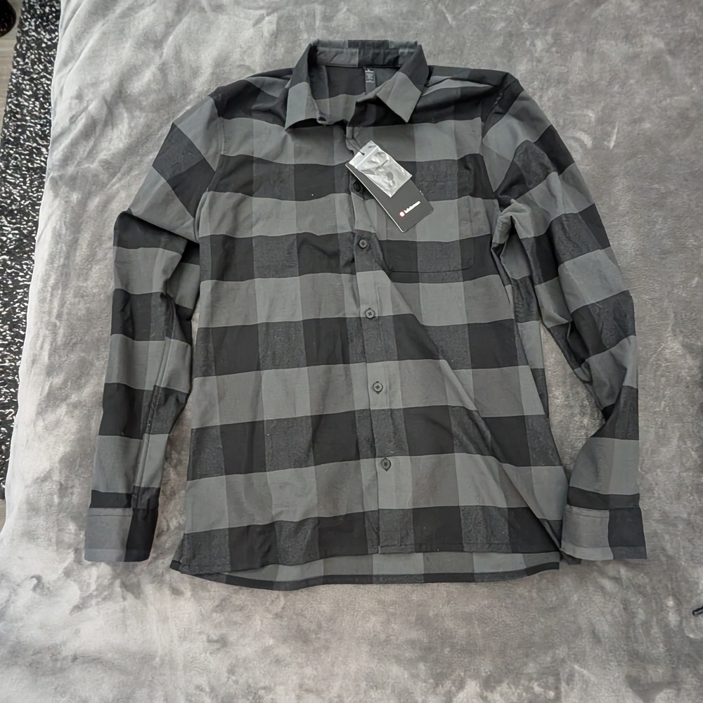 Lululemon Black and Gray Checkered Men's Flannel Button Up Shirt